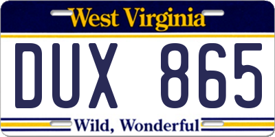 WV license plate DUX865