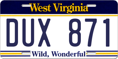 WV license plate DUX871