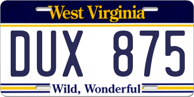 WV license plate DUX875