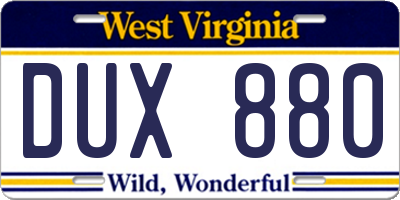 WV license plate DUX880