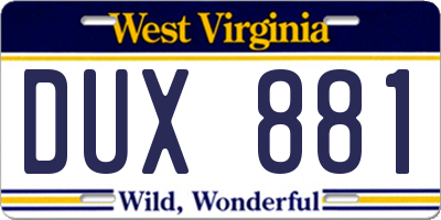 WV license plate DUX881
