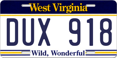 WV license plate DUX918