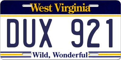 WV license plate DUX921