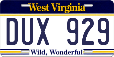 WV license plate DUX929