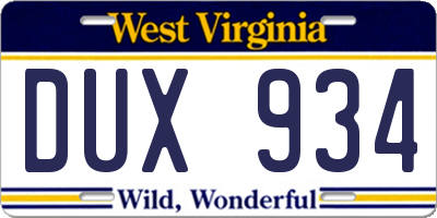 WV license plate DUX934