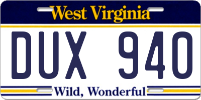 WV license plate DUX940