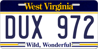 WV license plate DUX972