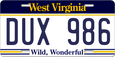 WV license plate DUX986