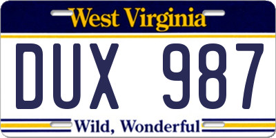 WV license plate DUX987