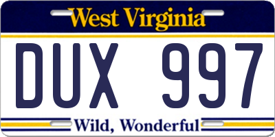 WV license plate DUX997