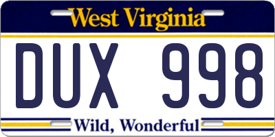 WV license plate DUX998