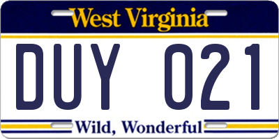 WV license plate DUY021