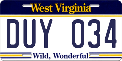 WV license plate DUY034