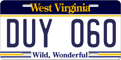 WV license plate DUY060