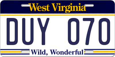 WV license plate DUY070