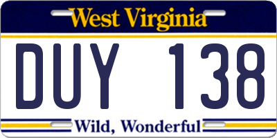 WV license plate DUY138