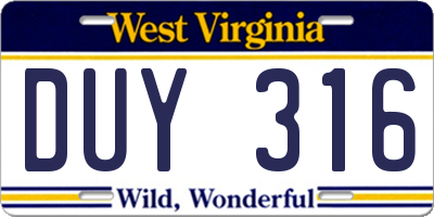 WV license plate DUY316