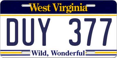 WV license plate DUY377
