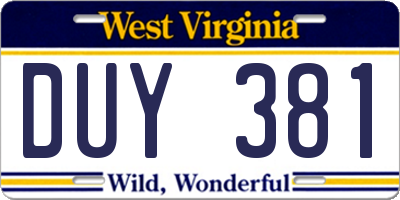 WV license plate DUY381