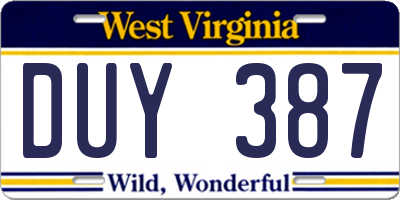 WV license plate DUY387
