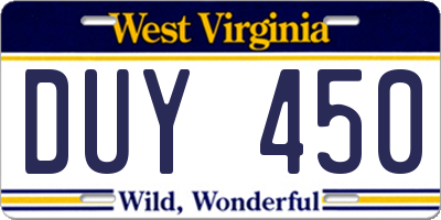 WV license plate DUY450