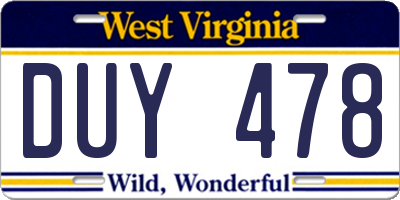WV license plate DUY478