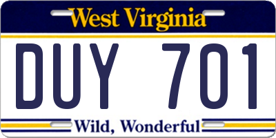 WV license plate DUY701