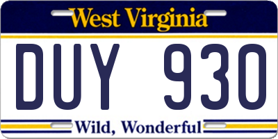 WV license plate DUY930