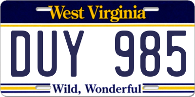 WV license plate DUY985