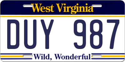 WV license plate DUY987