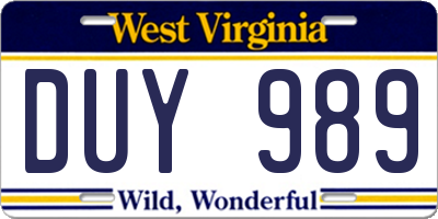 WV license plate DUY989