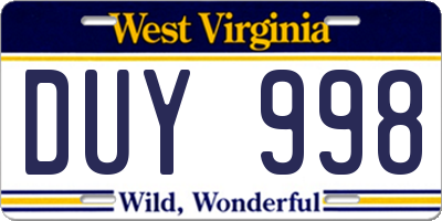 WV license plate DUY998