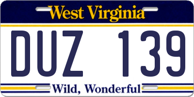 WV license plate DUZ139