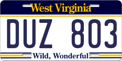 WV license plate DUZ803
