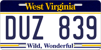 WV license plate DUZ839