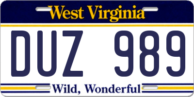 WV license plate DUZ989