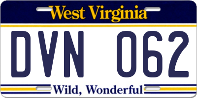 WV license plate DVN062