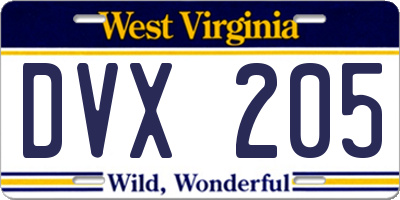WV license plate DVX205