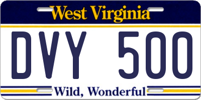 WV license plate DVY500