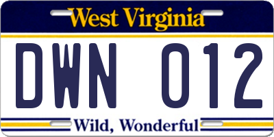 WV license plate DWN012