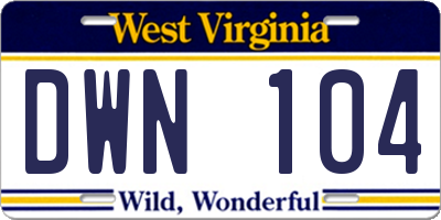 WV license plate DWN104