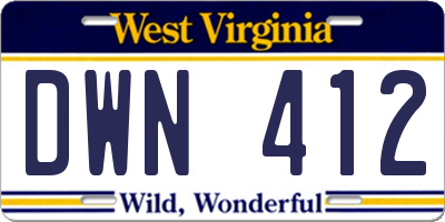 WV license plate DWN412