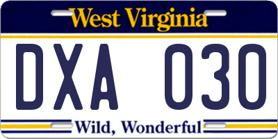 WV license plate DXA030