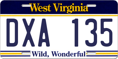 WV license plate DXA135