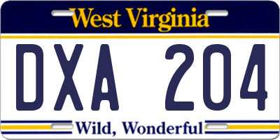 WV license plate DXA204