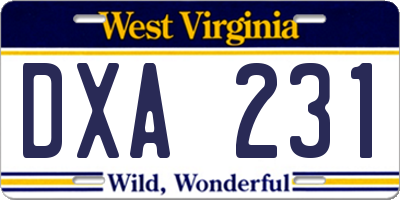 WV license plate DXA231