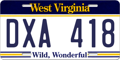 WV license plate DXA418