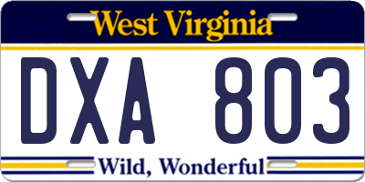WV license plate DXA803