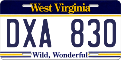 WV license plate DXA830