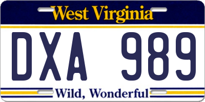 WV license plate DXA989